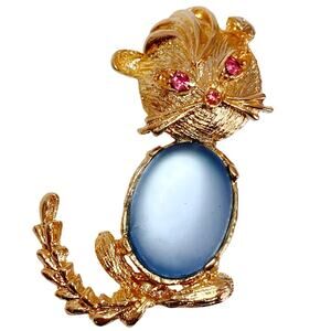 Vintage 1960s Jelly Belly Style Cat Brooch Blue Cabochon Rhinestones Gold Tone